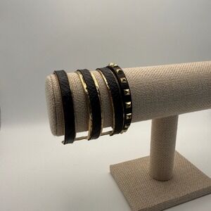 Black Gold Cuff Studded Bracelet Set Snakeskin Textured Edgy Jewelry Punk Goth